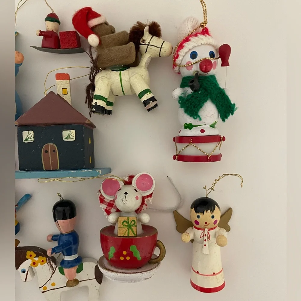 Vintage 1970s/1980s Wood Christmas Ornament Lot Kid Theme